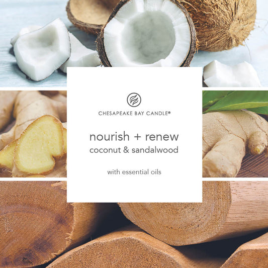 photo collage with text that reads chesapeake bay candle nourish and renew coconut and sandalwood with essential oils